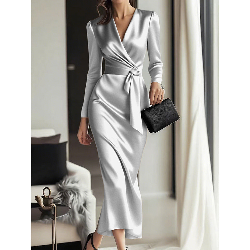 Elevé Women’s Elegant Burgundy Satin V-Neck Midi Dress with Belted Waist