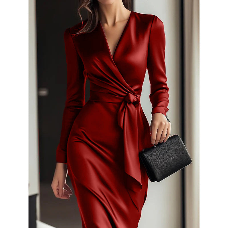 Elevé Women’s Elegant Burgundy Satin V-Neck Midi Dress with Belted Waist