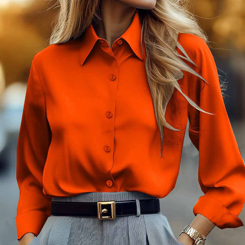 Elevé Luxe Women's Solid Color Lapel Long Sleeve Shirt