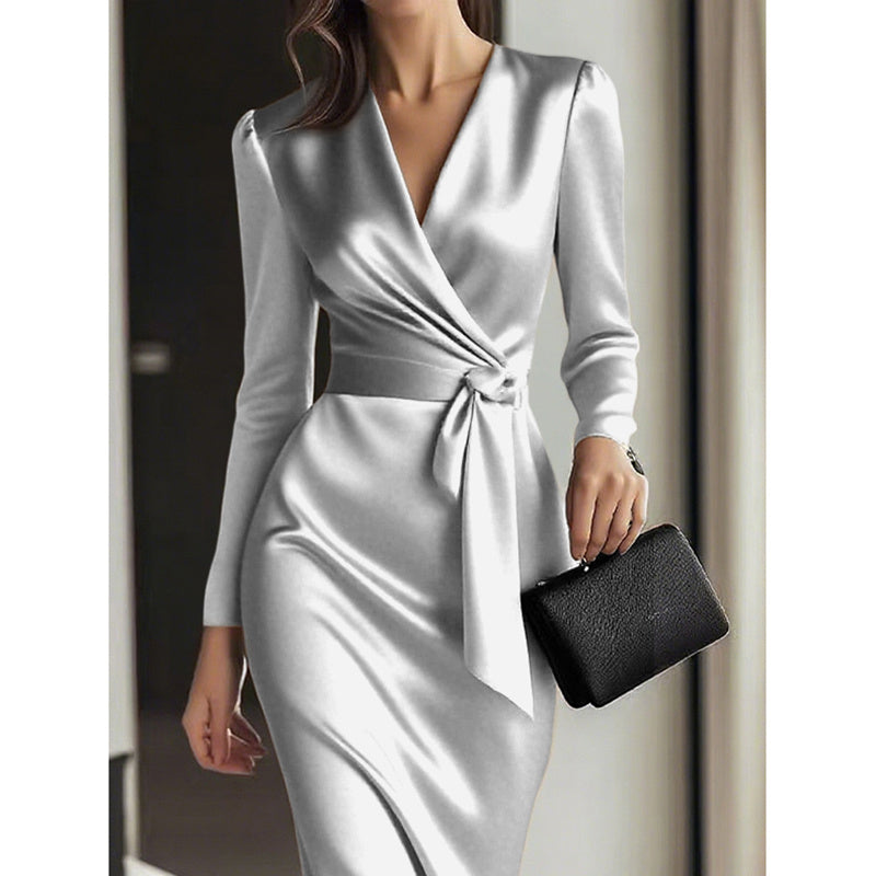 Elevé Women’s Elegant Burgundy Satin V-Neck Midi Dress with Belted Waist