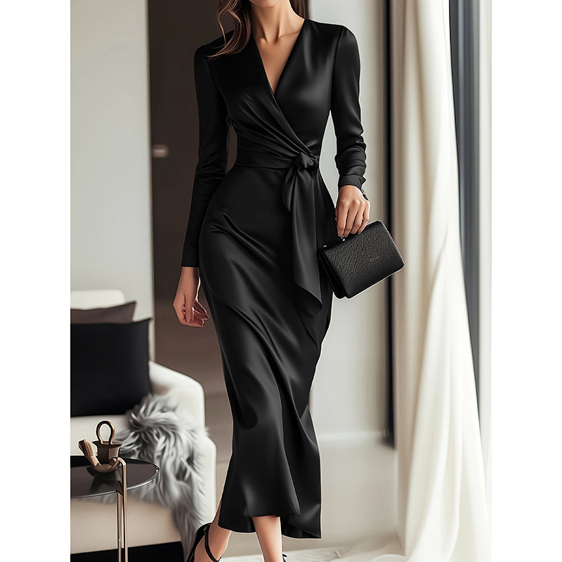 Elevé Women’s Elegant Burgundy Satin V-Neck Midi Dress with Belted Waist