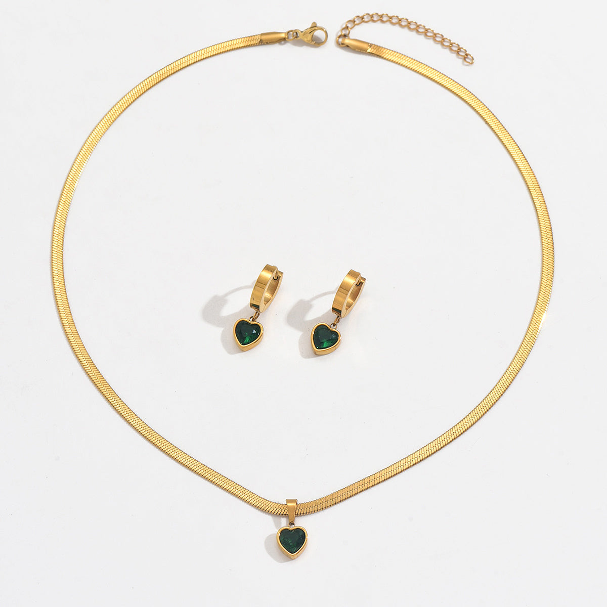 Elevé Luxe 18K Gold Plated Stainless Steel Green Heart Jewelry Set For Women