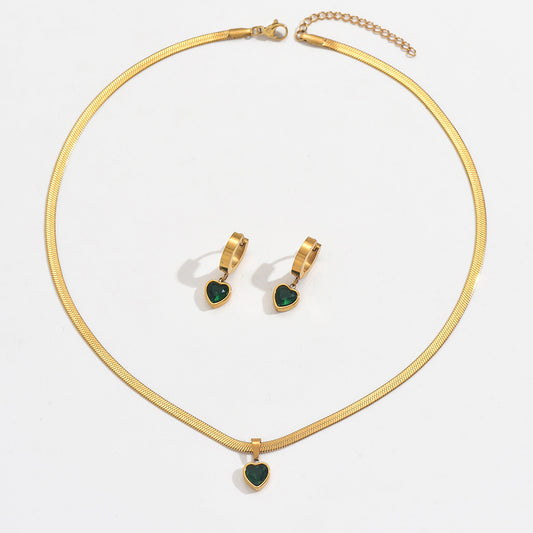Elevé Luxe 18K Gold Plated Stainless Steel Green Heart Jewelry Set For Women
