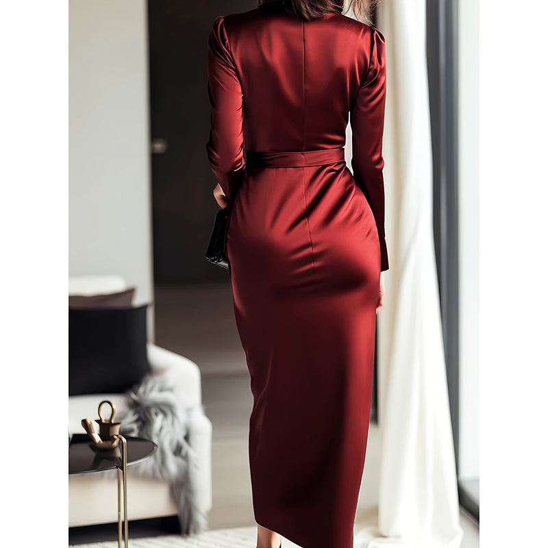 Elevé Women’s Elegant Burgundy Satin V-Neck Midi Dress with Belted Waist