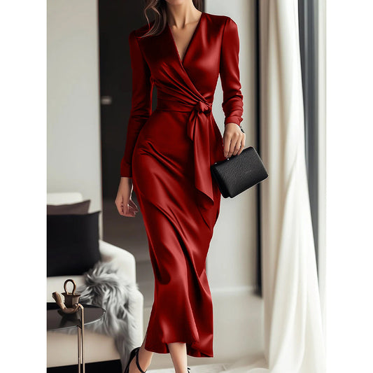 Elevé Women’s Elegant Burgundy Satin V-Neck Midi Dress with Belted Waist