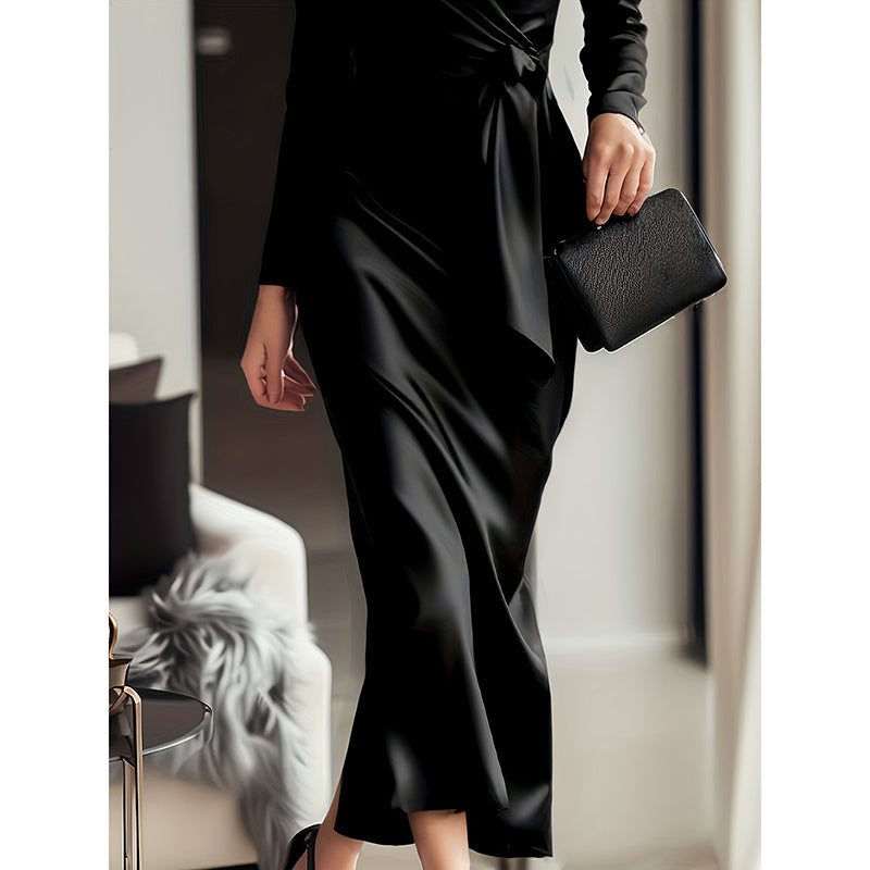 Elevé Women’s Elegant Burgundy Satin V-Neck Midi Dress with Belted Waist