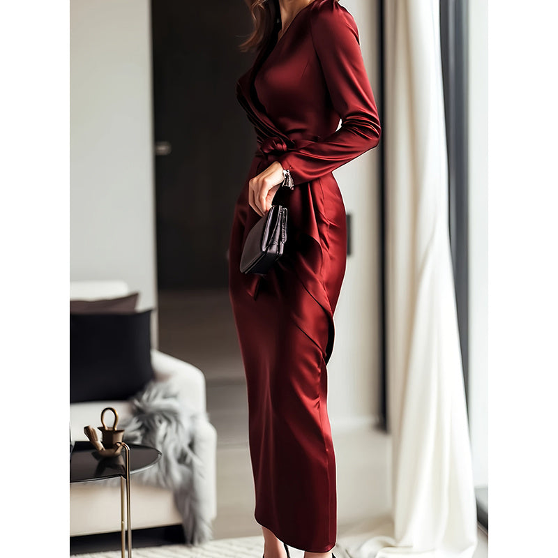 Elevé Women’s Elegant Burgundy Satin V-Neck Midi Dress with Belted Waist