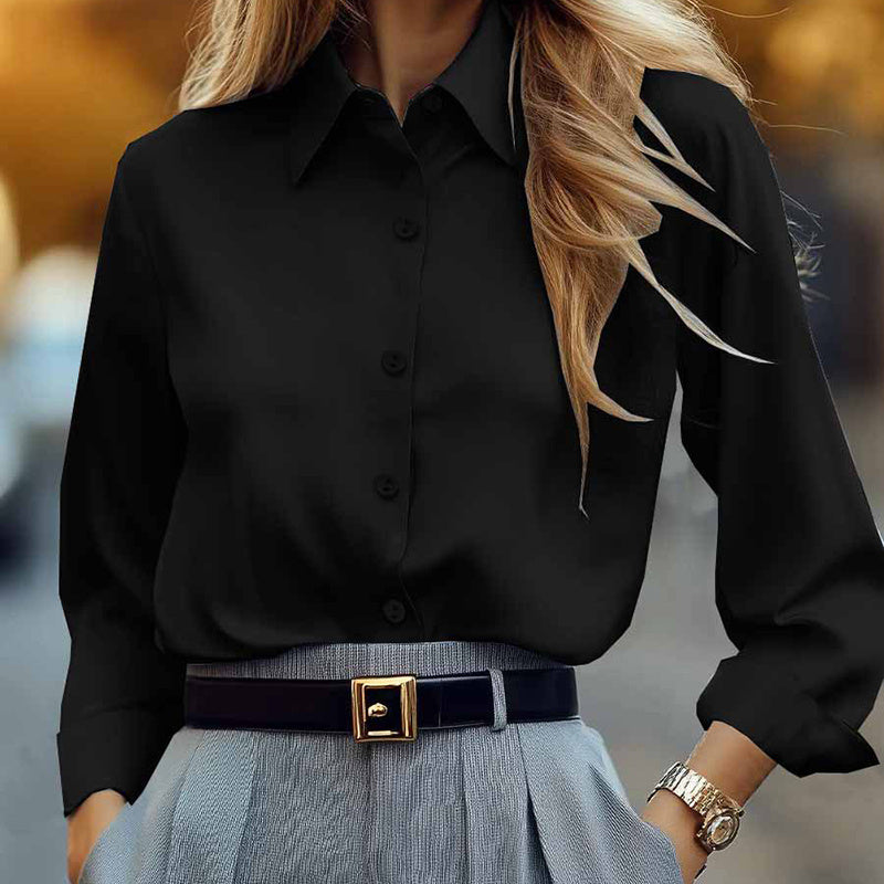 Elevé Luxe Women's Solid Color Lapel Long Sleeve Shirt