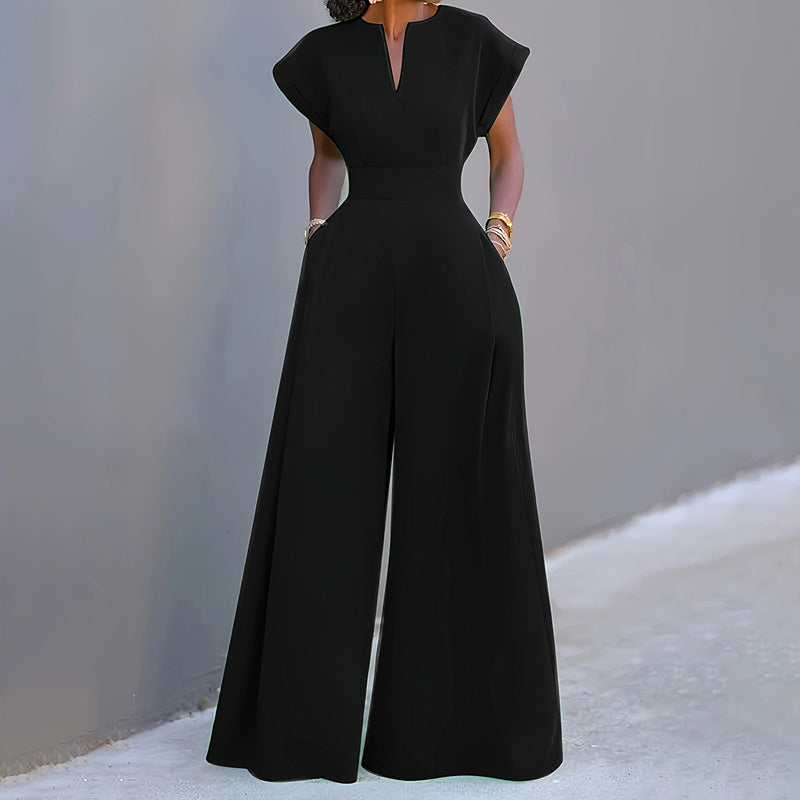 Elevé Women's V-Neck Solid Color Short Sleeve Jumpsuit